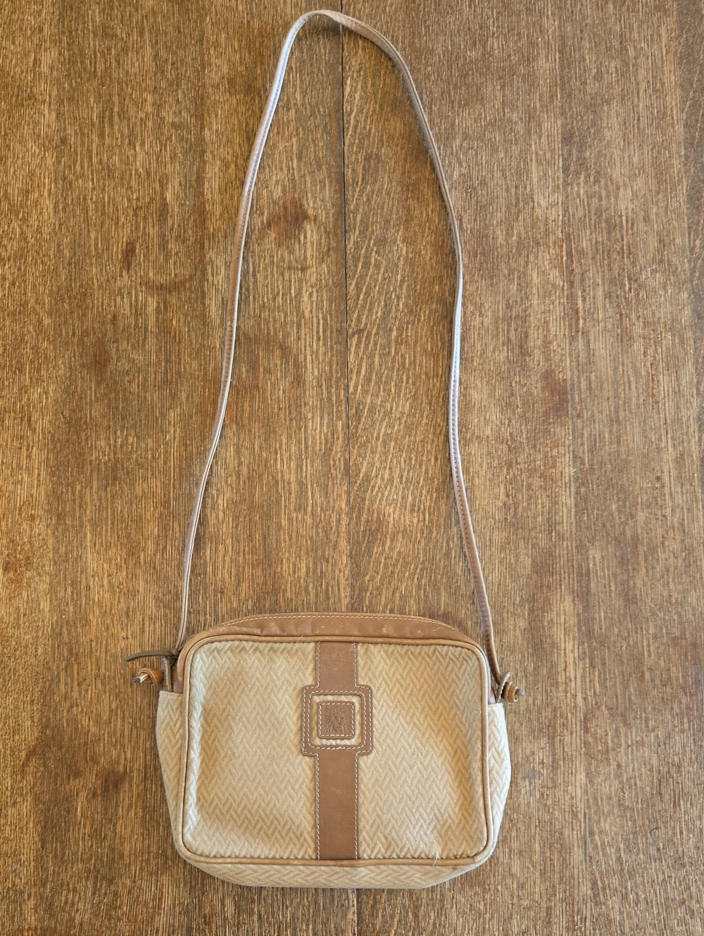 Anne Klein for Calderon Herringbone and Brown Leather Vintage Crossbody Bag